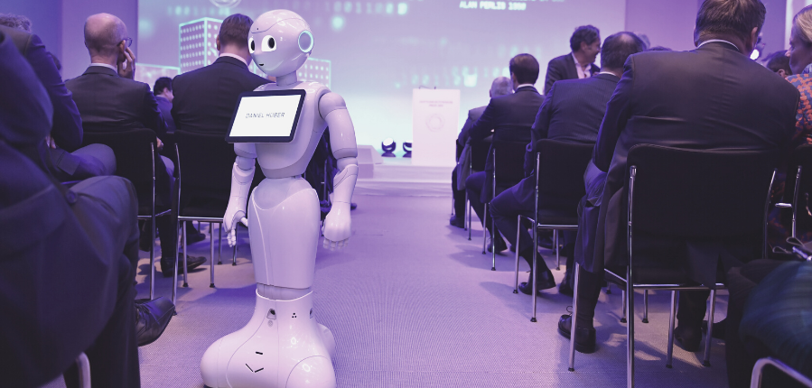 Pepper humanoid robot presenting at an event